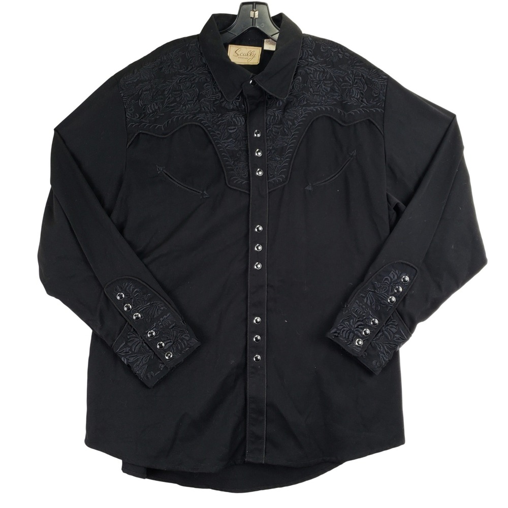 Scully P-634 Western Embroidered Pearl Snap Shirt Mens XL Black Floral Cowboy